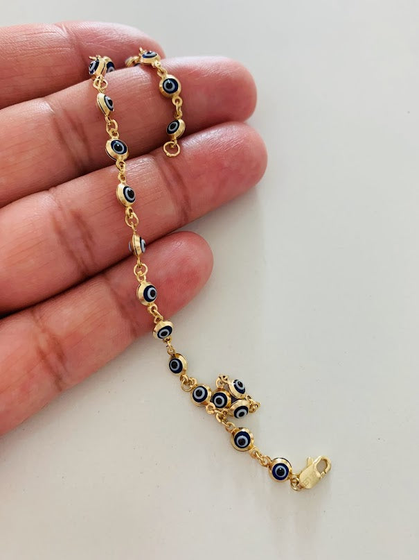 14K Gold Evil Eye Bracelet , Blue Evil Eye, 3mm Eye Diameter, 7" Length, Lobster Clasp, Dainty Bracelet