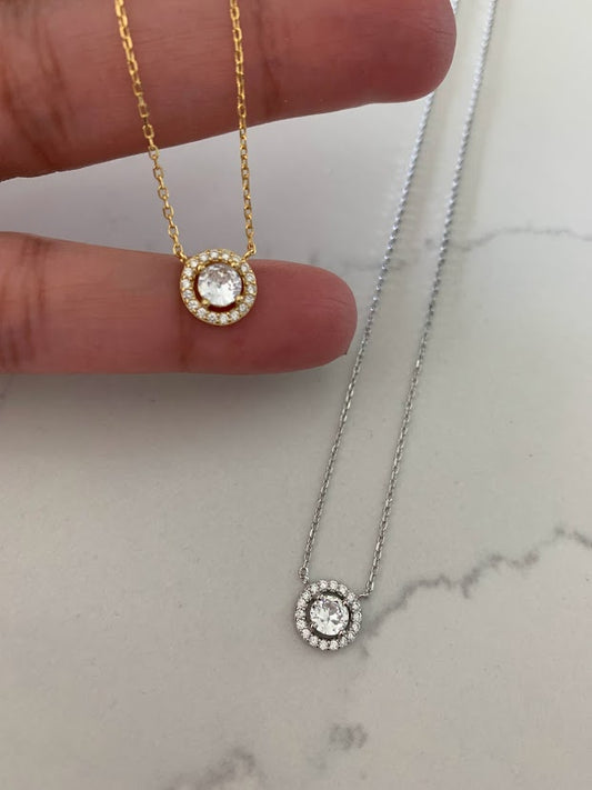 9MM Solitaire Cubic Zirconia Necklace, Stacking, Dainty, Delicate CZ Necklace, Gold CZ Solitaire, Everyday Necklace, Layering