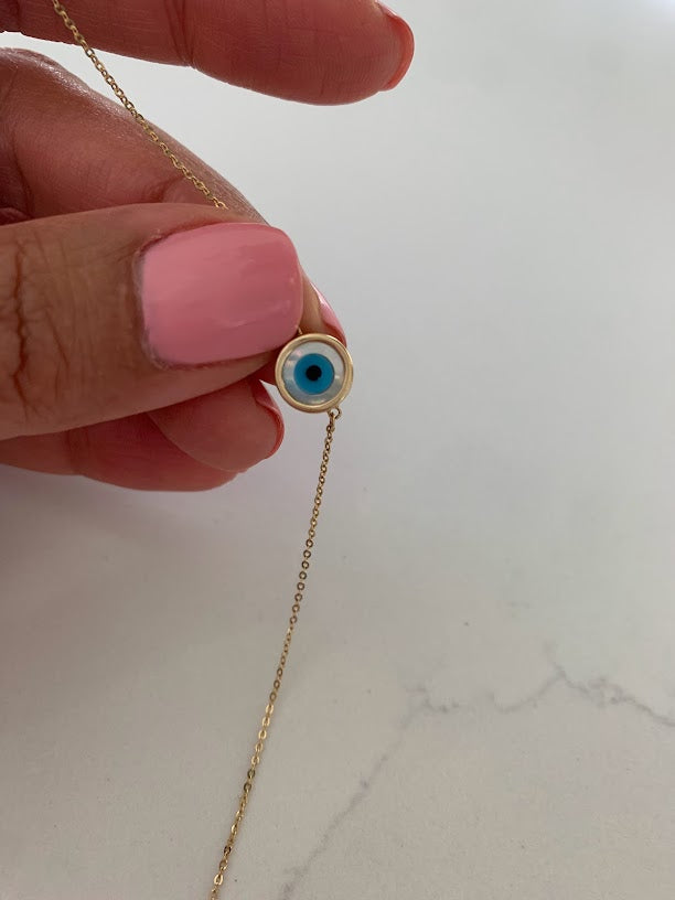 14K Gold Evil Eye Bracelet , Mother of Pearl Evil Eye, 9mm Round Eye, 7" + 1" in Length, Spring Clasp, Dainty Chain Bracelet