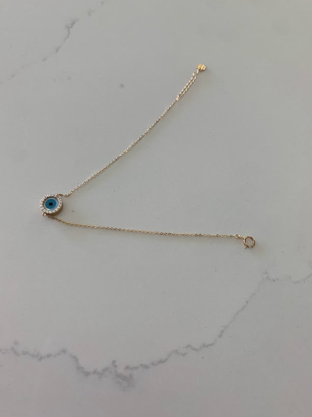 14K Gold Evil Eye Bracelet , Mother of Pearl Evil Eye, 9mm Round Eye, 7" + 1" in Length, Spring Clasp, Dainty Chain Bracelet