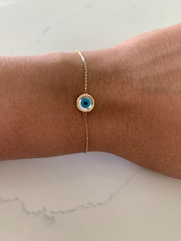 14K Gold Evil Eye Bracelet , Mother of Pearl Evil Eye, 9mm Round Eye, 7" + 1" in Length, Spring Clasp, Dainty Chain Bracelet
