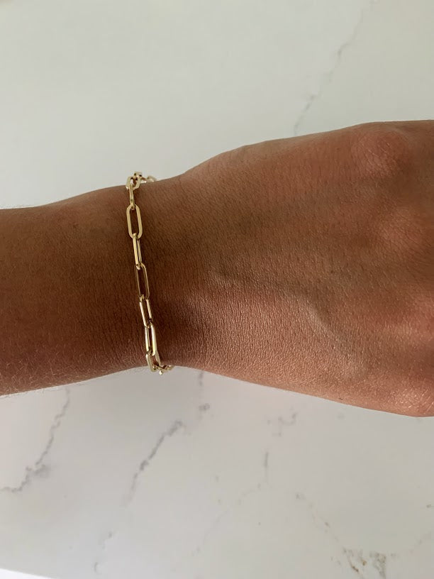 14K Gold Paperclip Bracelet, Square Shape Solid Gold, Gift For Her, 7" long 4x11MM Wide, Real Gold Bracelet, Lightweight, Women, Hollow