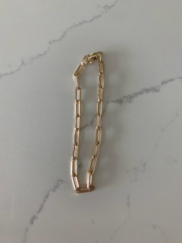 14K Gold Paperclip Bracelet, Square Shape Solid Gold, Gift For Her, 7" long 4x11MM Wide, Real Gold Bracelet, Lightweight, Women, Hollow