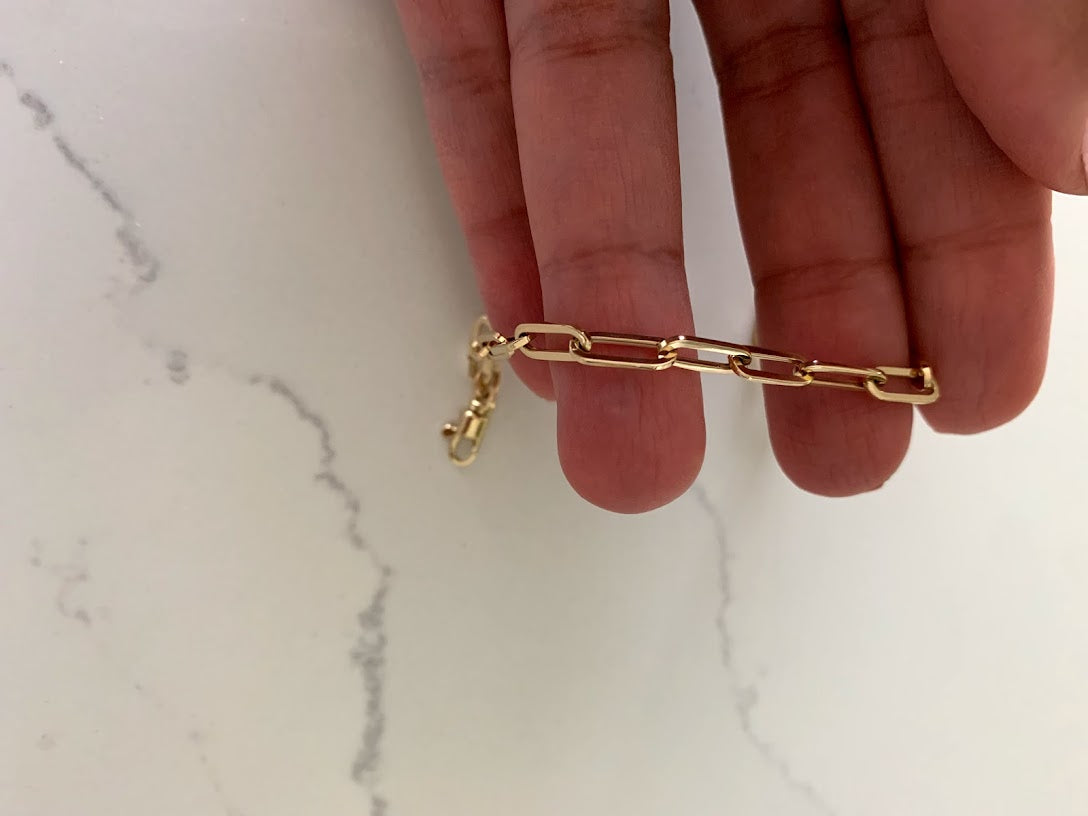 14K Gold Paperclip Bracelet, Square Shape Solid Gold, Gift For Her, 7" long 4x11MM Wide, Real Gold Bracelet, Lightweight, Women, Hollow