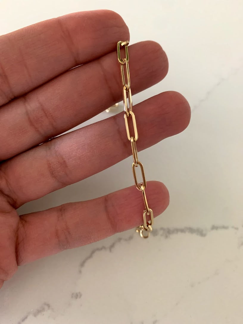 14K Gold Paperclip Bracelet, Square Shape Solid Gold, Gift For Her, 7" long 4x11MM Wide, Real Gold Bracelet, Lightweight, Women, Hollow