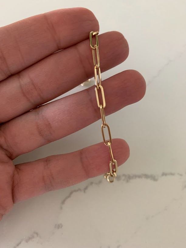 14K Gold Paperclip Bracelet, Square Shape Solid Gold, Gift For Her, 7" long 4x11MM Wide, Real Gold Bracelet, Lightweight, Women, Hollow