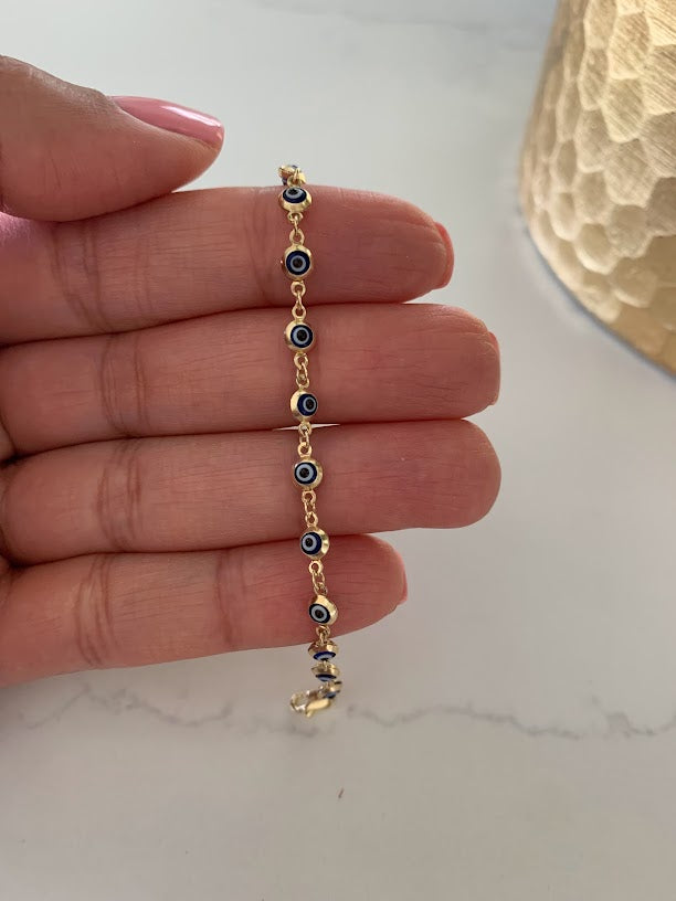 14K Gold Evil Eye Bracelet , Blue Evil Eye, 3mm Eye Diameter, 7" Length, Lobster Clasp, Dainty Bracelet