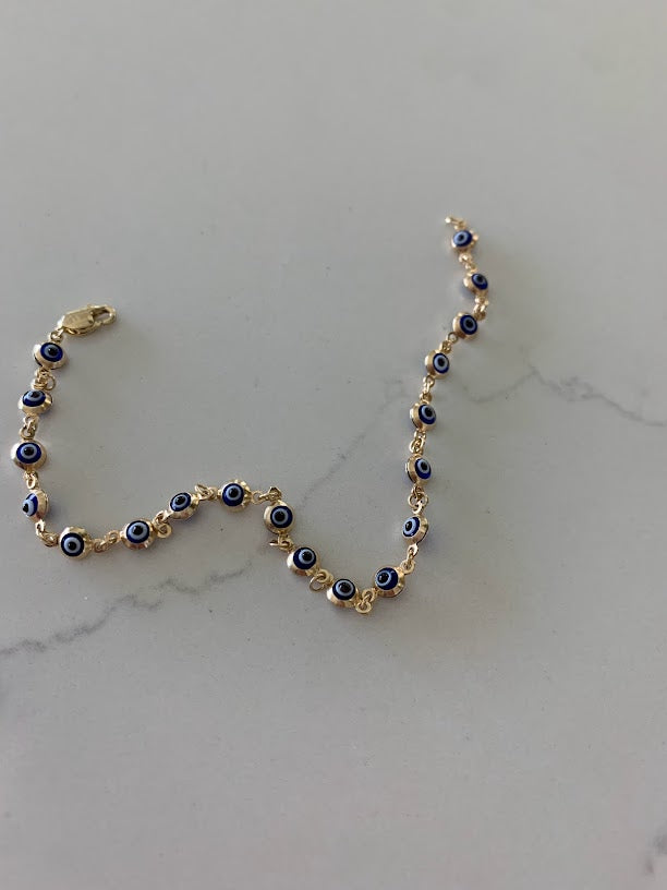 14K Gold Evil Eye Bracelet , Blue Evil Eye, 3mm Eye Diameter, 7" Length, Lobster Clasp, Dainty Bracelet