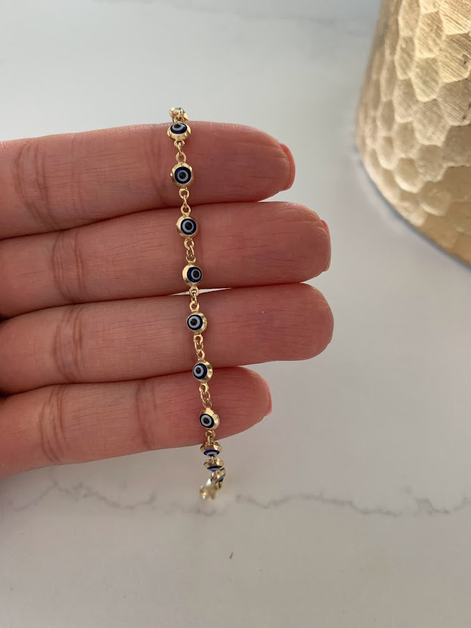 14K Gold Evil Eye Bracelet , Blue Evil Eye, 3mm Eye Diameter, 7" Length, Lobster Clasp, Dainty Bracelet
