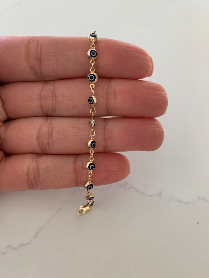 14K Gold Evil Eye Bracelet , Blue Evil Eye, 3mm Eye Diameter, 7" Length, Lobster Clasp, Dainty Bracelet