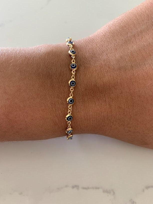 14K Gold Evil Eye Bracelet , Blue Evil Eye, 3mm Eye Diameter, 7" Length, Lobster Clasp, Dainty Bracelet