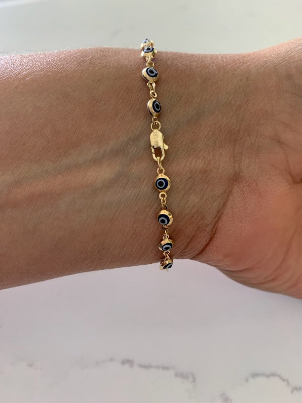 14K Gold Evil Eye Bracelet , Blue Evil Eye, 3mm Eye Diameter, 7" Length, Lobster Clasp, Dainty Bracelet