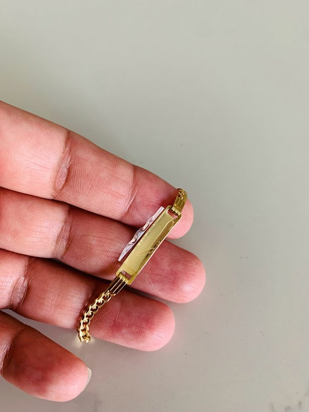 14K Yellow Gold ID Bracelet , Cuban Link Bracelet, 5MM Width by 25MM Plate, 3MM Width by 6" in Length, Lobster Clasp, Kids Bracelet