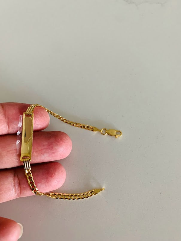 14K Yellow Gold ID Bracelet , Cuban Link Bracelet, 5MM Width by 25MM Plate, 3MM Width by 6" in Length, Lobster Clasp, Kids Bracelet