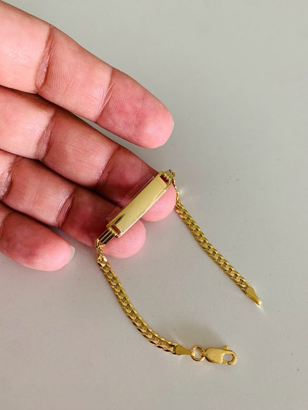 14K Yellow Gold ID Bracelet , Cuban Link Bracelet, 5MM Width by 25MM Plate, 3MM Width by 6" in Length, Lobster Clasp, Kids Bracelet