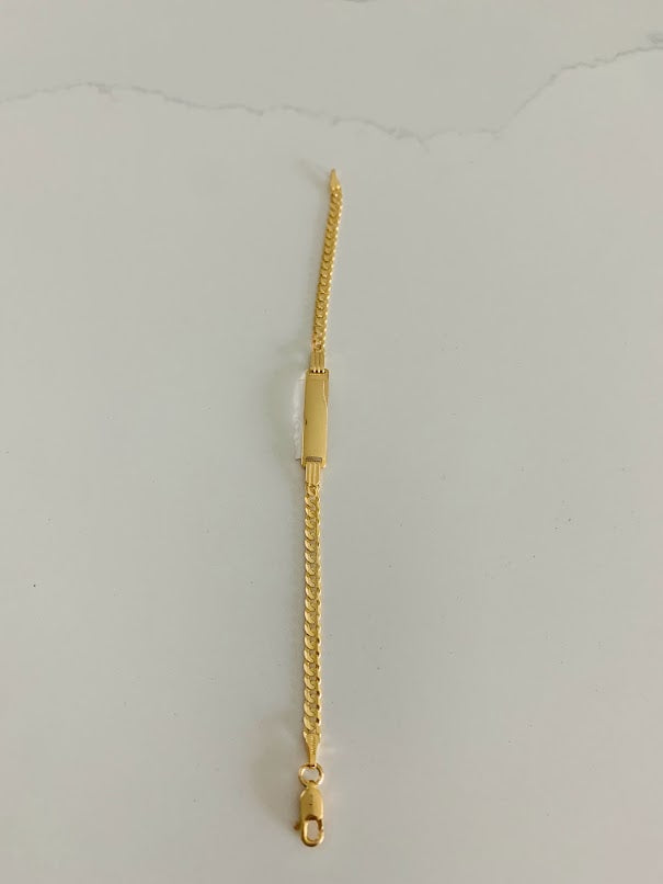 14K Yellow Gold ID Bracelet , Cuban Link Bracelet, 5MM Width by 25MM Plate, 3MM Width by 6" in Length, Lobster Clasp, Kids Bracelet
