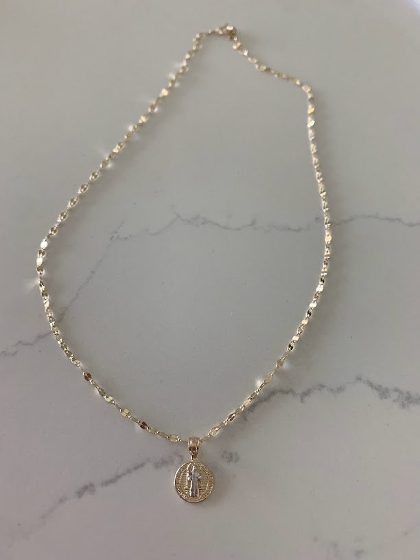 14K Gold Two Tone Saint Benedict Pendant on a Mirror Chain | Mirror Chain | 14K Gold Mirror Chain | Religious Necklace | Saint Benedict