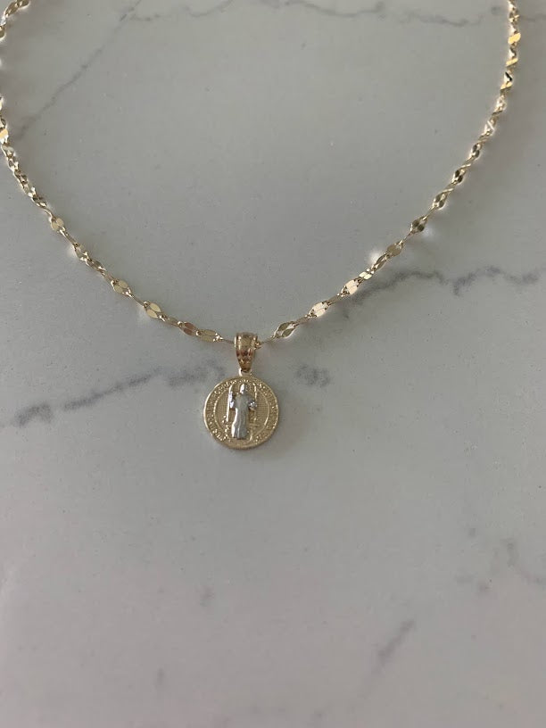 14K Gold Two Tone Saint Benedict Pendant on a Mirror Chain | Mirror Chain | 14K Gold Mirror Chain | Religious Necklace | Saint Benedict