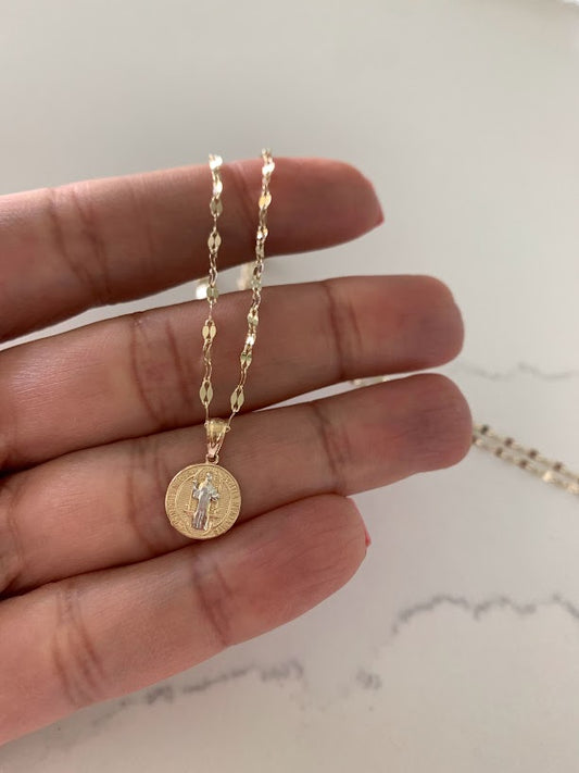 14K Gold Two Tone Saint Benedict Pendant on a Mirror Chain | Mirror Chain | 14K Gold Mirror Chain | Religious Necklace | Saint Benedict