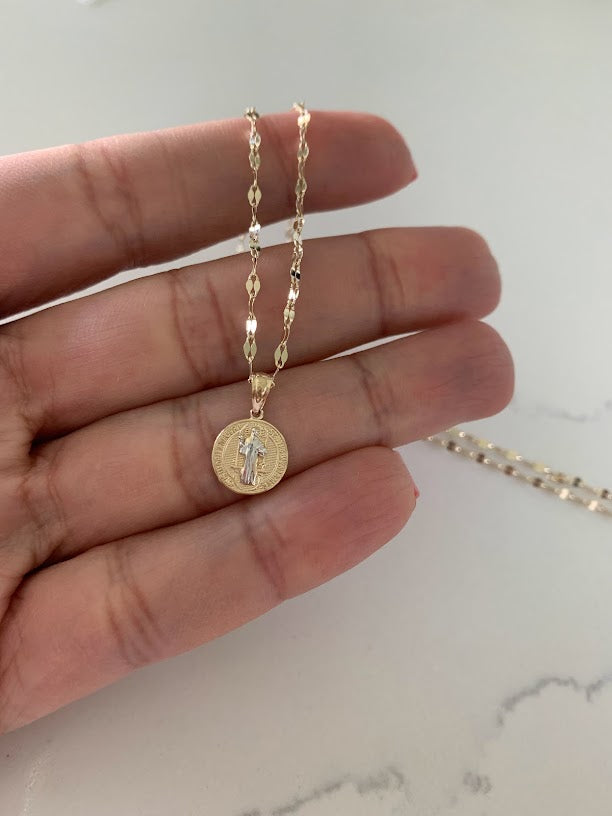 10MM 14K Solid Gold Saint Benedict | Yellow and White Religious | Saint Benedict Pendant | Two TONE 14K Solid Gold Pendant