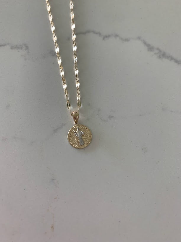 14K Gold Two Tone Saint Benedict Pendant on a Mirror Chain | Mirror Chain | 14K Gold Mirror Chain | Religious Necklace | Saint Benedict