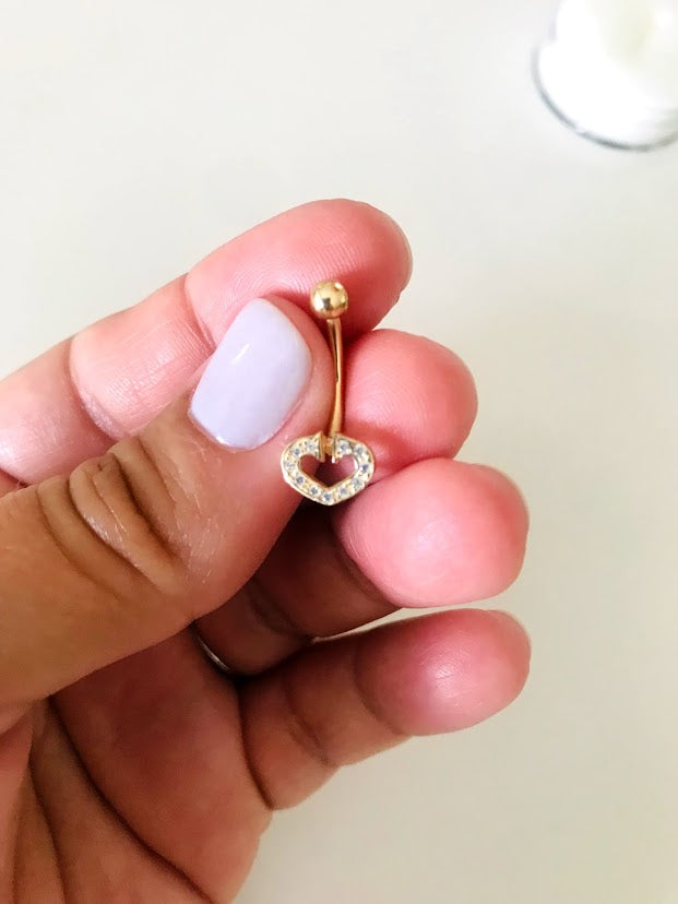 14K Solid Gold | CZ Heart Belly Button Rings | Navel Piercing |Belly Barbell | Belly Button Jewelry | Heart Shaped Navel Piercing
