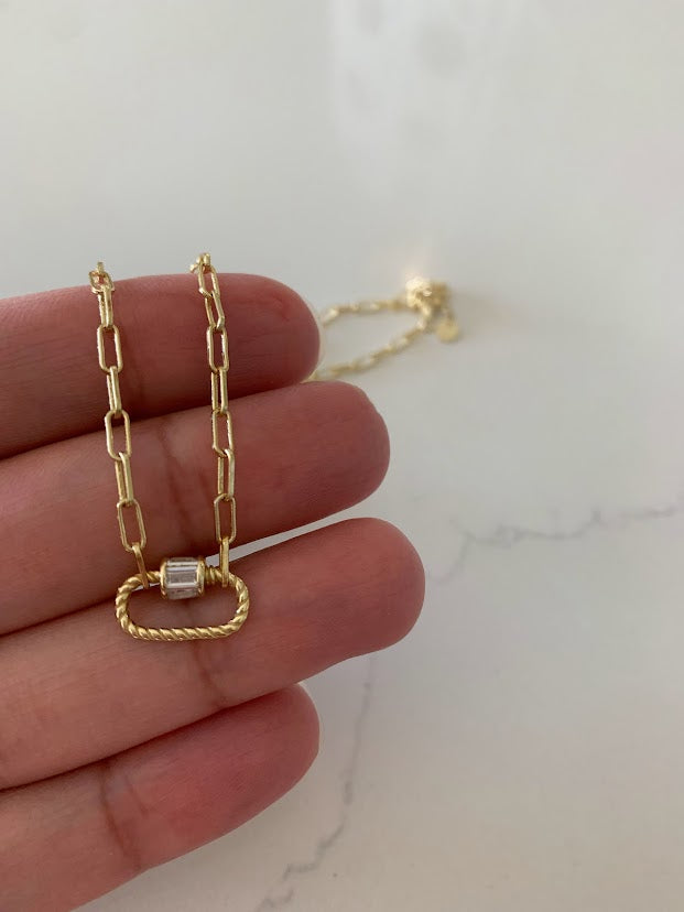 Cubic Zirconia Carabiner Lock Paperclip Link Necklace | Carabiner Paperclip Necklace | Gold over Silver 16"+2" | EXCELLENT QUALITY