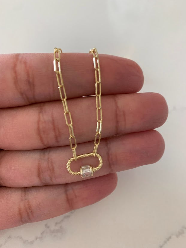 Cubic Zirconia Carabiner Lock Paperclip Link Necklace | Carabiner Paperclip Necklace | Gold over Silver 16"+2" | EXCELLENT QUALITY