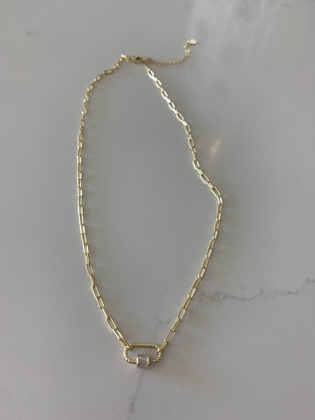 Cubic Zirconia Carabiner Lock Paperclip Link Necklace | Carabiner Paperclip Necklace | Gold over Silver 16"+2" | EXCELLENT QUALITY