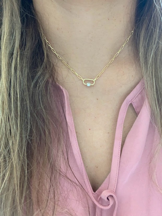Cubic Zirconia Carabiner Lock Paperclip Link Necklace | Carabiner Paperclip Necklace | Gold over Silver 16"+2" | EXCELLENT QUALITY
