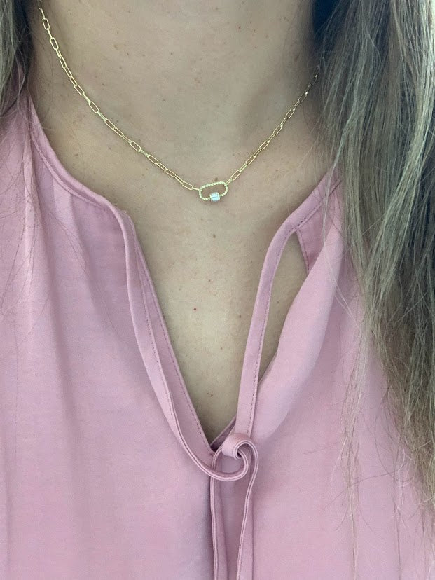 Cubic Zirconia Carabiner Lock Paperclip Link Necklace | Carabiner Paperclip Necklace | Gold over Silver 16"+2" | EXCELLENT QUALITY