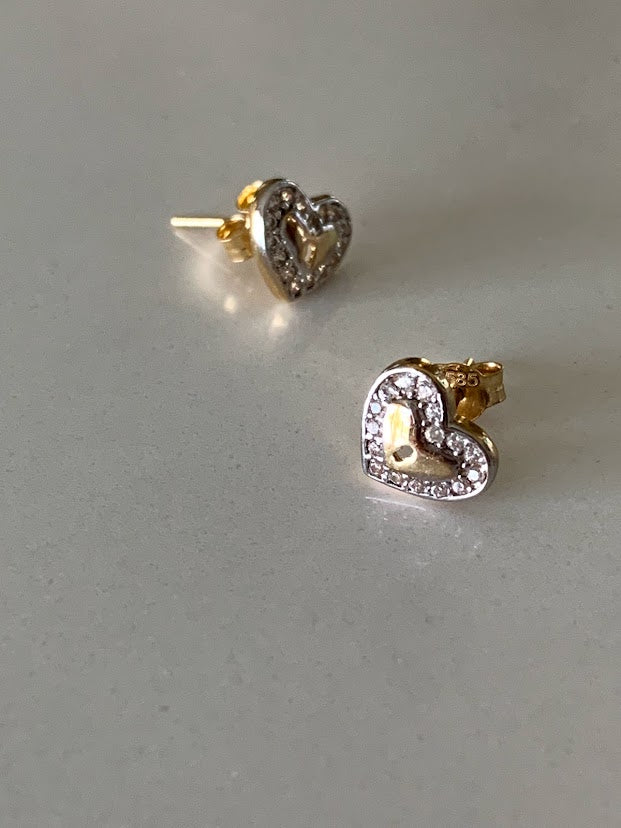 14K Solid Gold CZ Lock Heart Studs
