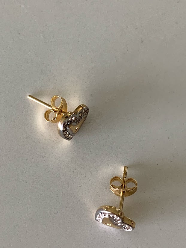 14K Solid Gold CZ Lock Heart Studs