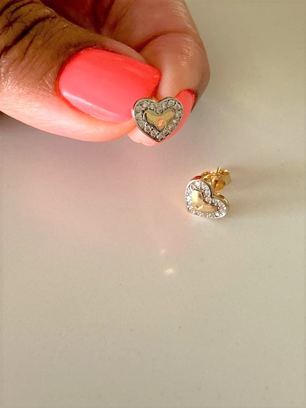 14K Solid Gold CZ Lock Heart Studs