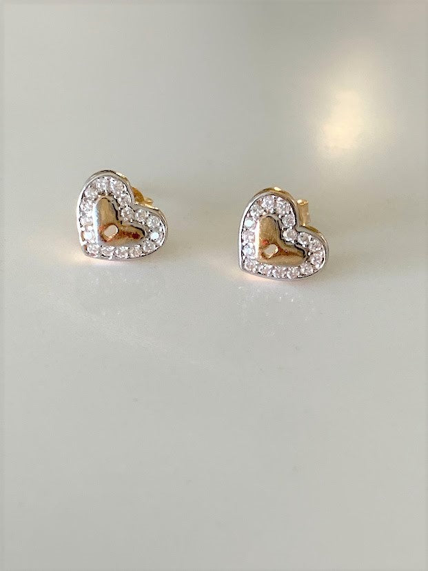 14K Solid Gold CZ Lock Heart Studs