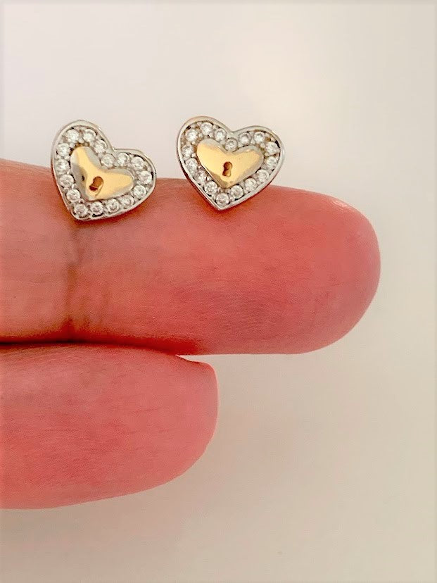 14K Solid Gold CZ Lock Heart Studs