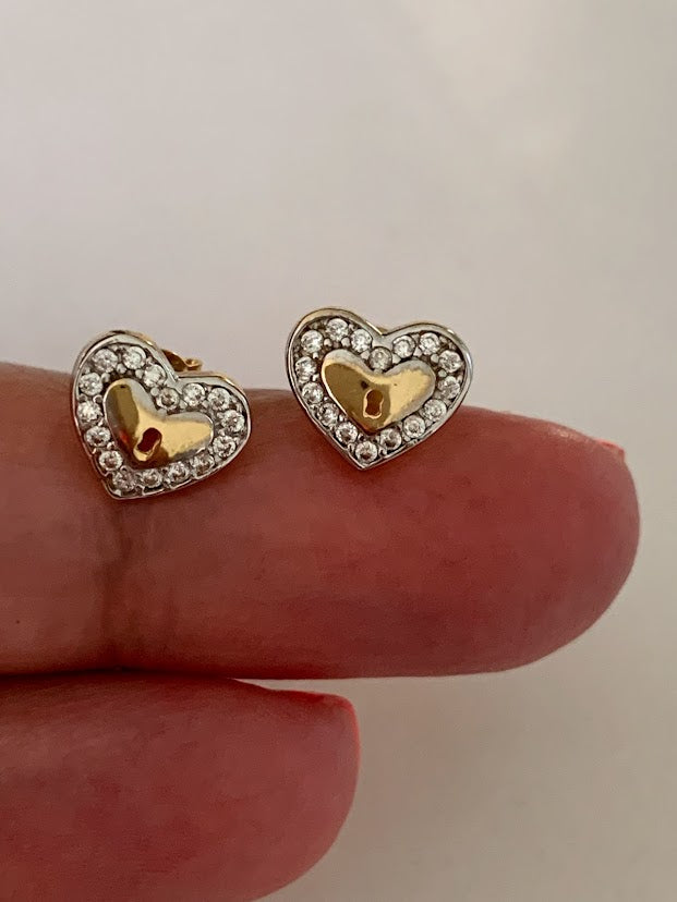 14K Solid Gold CZ Lock Heart Studs