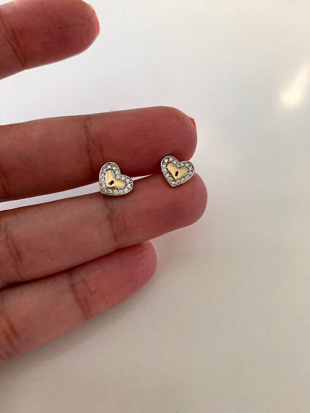 14K Solid Gold CZ Lock Heart Studs
