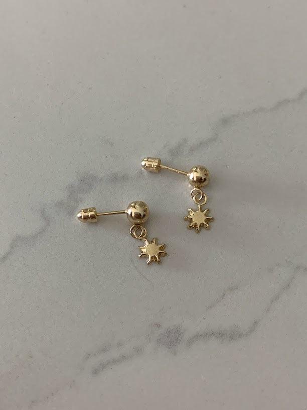 14K Yellow Gold Tiny Star Studs Earrings, Star Earrings, Starburst Yellow Gold Studs, 14K Gold Earrings, Long hanging Earrings