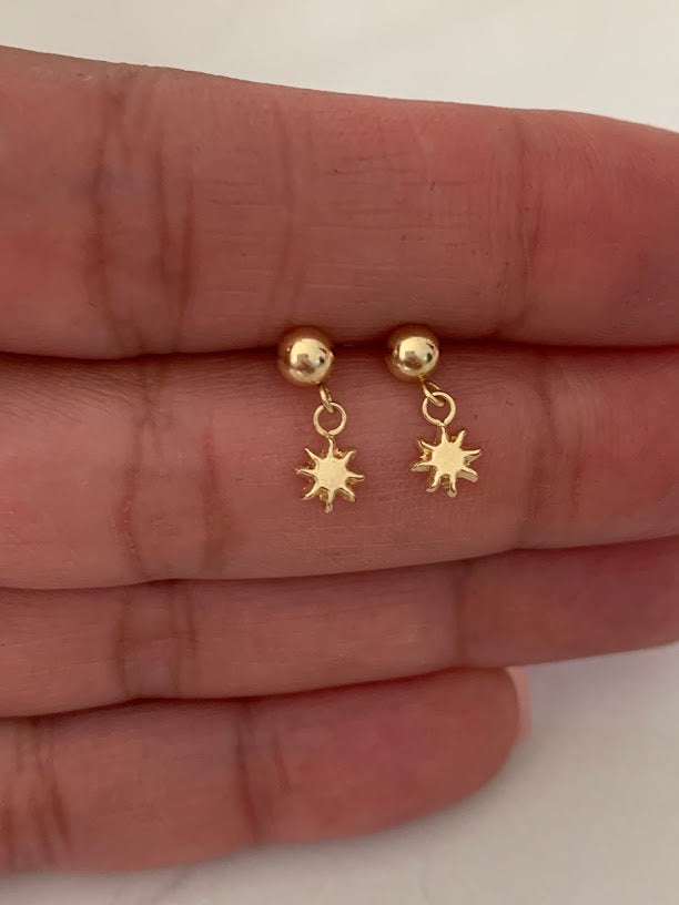 14K Yellow Gold Tiny Star Studs Earrings, Star Earrings, Starburst Yellow Gold Studs, 14K Gold Earrings, Long hanging Earrings