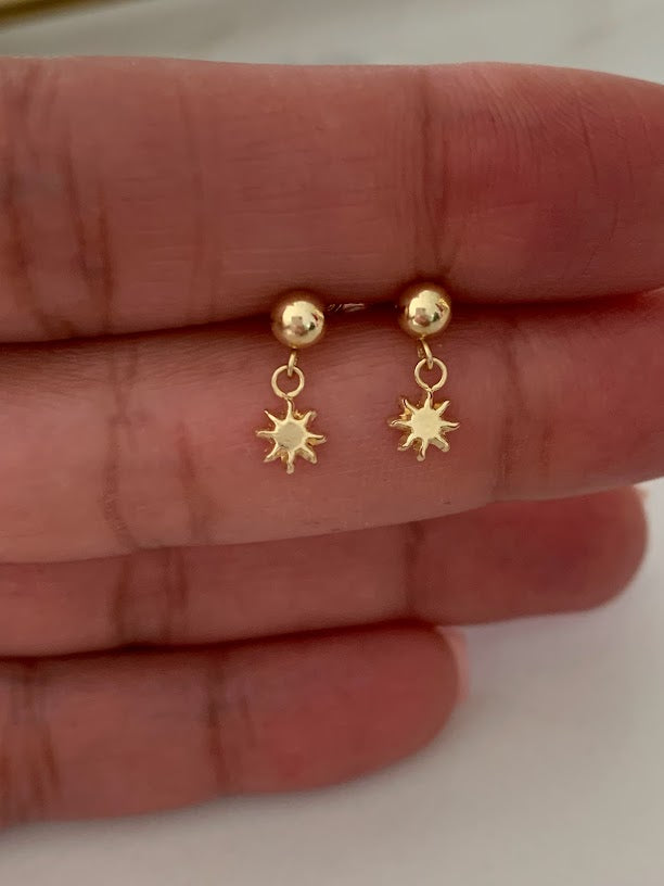 14K Yellow Gold Tiny Star Studs Earrings, Star Earrings, Starburst Yellow Gold Studs, 14K Gold Earrings, Long hanging Earrings