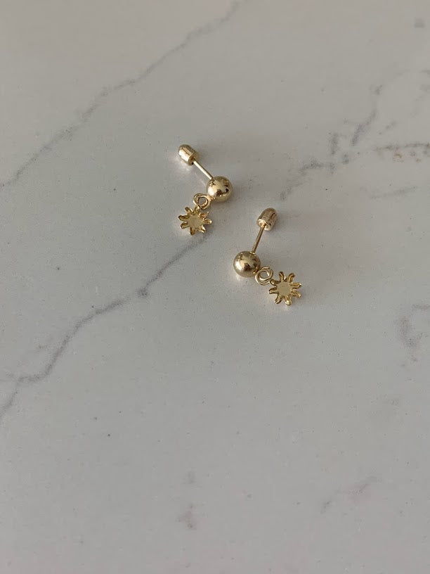 14K Yellow Gold Tiny Star Studs Earrings, Star Earrings, Starburst Yellow Gold Studs, 14K Gold Earrings, Long hanging Earrings