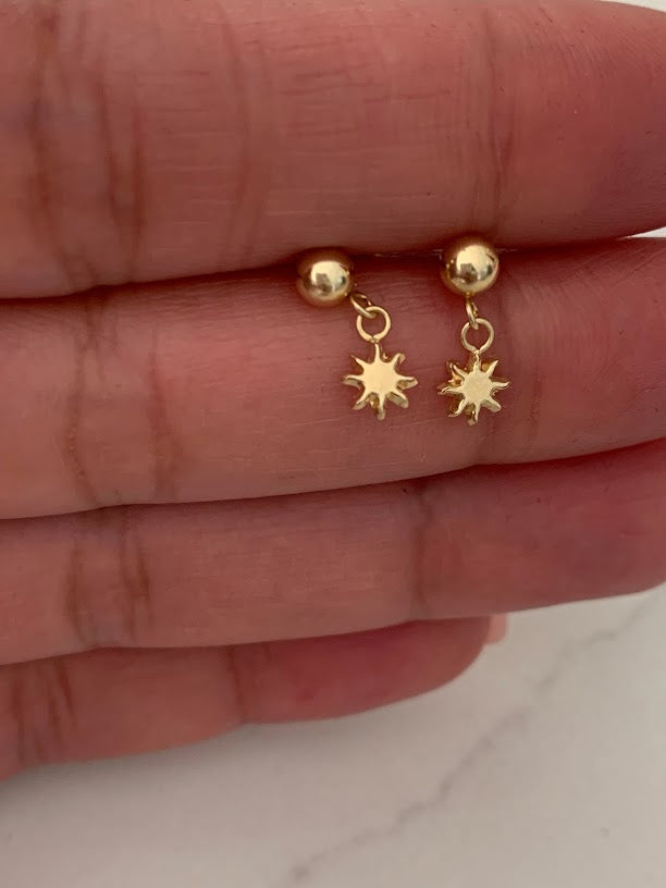 14K Yellow Gold Tiny Star Studs Earrings, Star Earrings, Starburst Yellow Gold Studs, 14K Gold Earrings, Long hanging Earrings