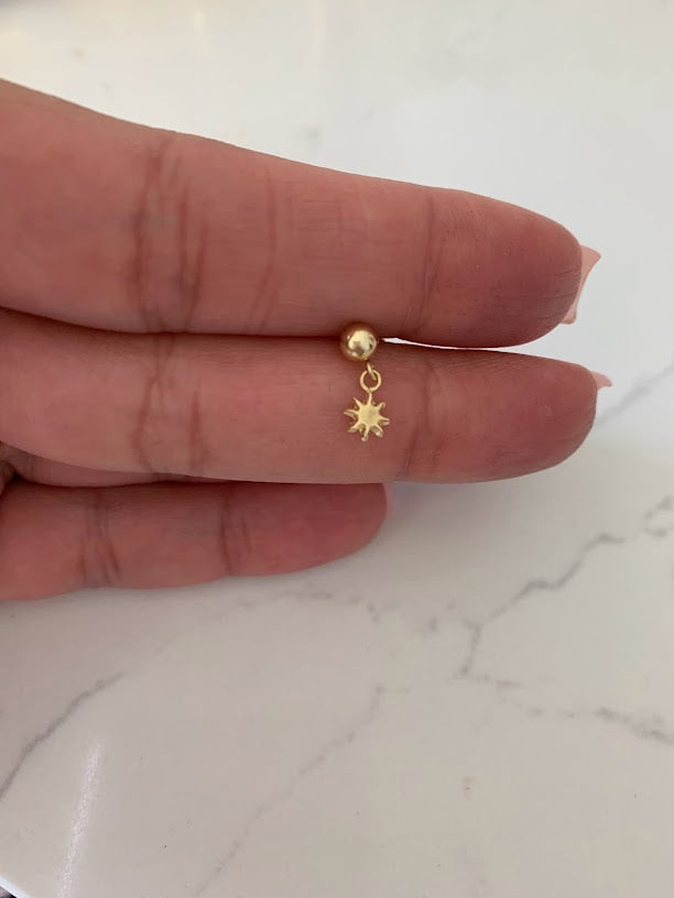 14K Yellow Gold Tiny Star Studs Earrings, Star Earrings, Starburst Yellow Gold Studs, 14K Gold Earrings, Long hanging Earrings