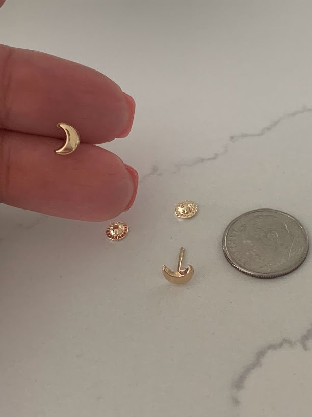 14K Gold 6MM Moon Earrings, Moon Earrings, Gold Studs, Celestial Earrings, 14K Gold Earrings