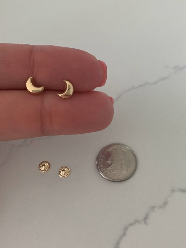 14K Gold 6MM Moon Earrings, Moon Earrings, Gold Studs, Celestial Earrings, 14K Gold Earrings
