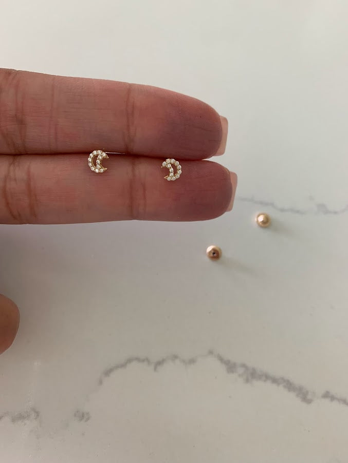 Mini 14K Gold Moon Stud Earrings with CZ, Moon Earrings, Moon Gold Studs, Moon Earrings, 14K Gold Earrings, Dainty Moon Studs