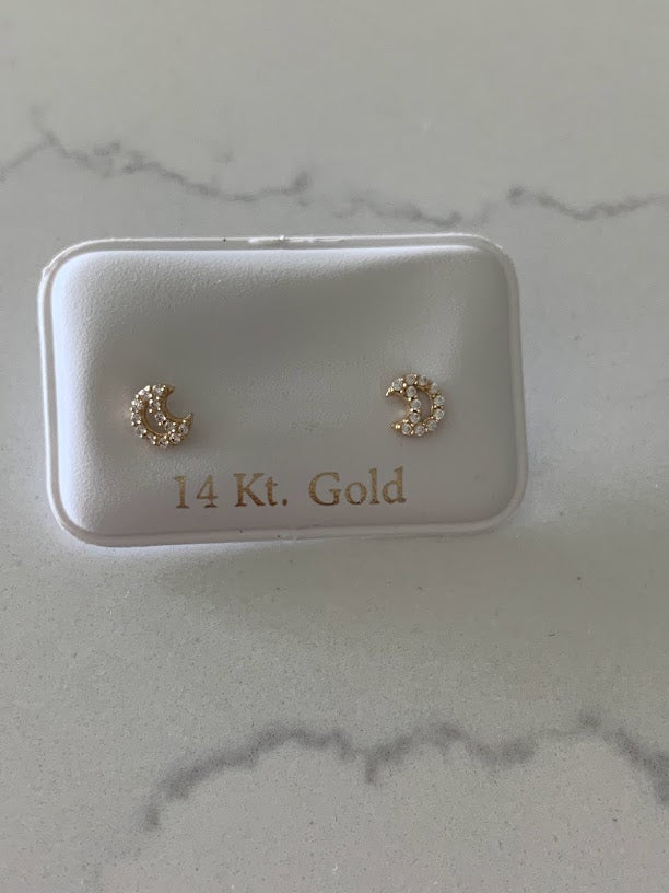 Mini 14K Gold Moon Stud Earrings with CZ, Moon Earrings, Moon Gold Studs, Moon Earrings, 14K Gold Earrings, Dainty Moon Studs