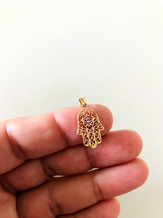 14K Solid Gold Hamsa with Evil Eye | 16MM x 11MM Two Tone Hamsa | Evil Eye Hamsa | Two TONE 14K Solid Gold Pendant