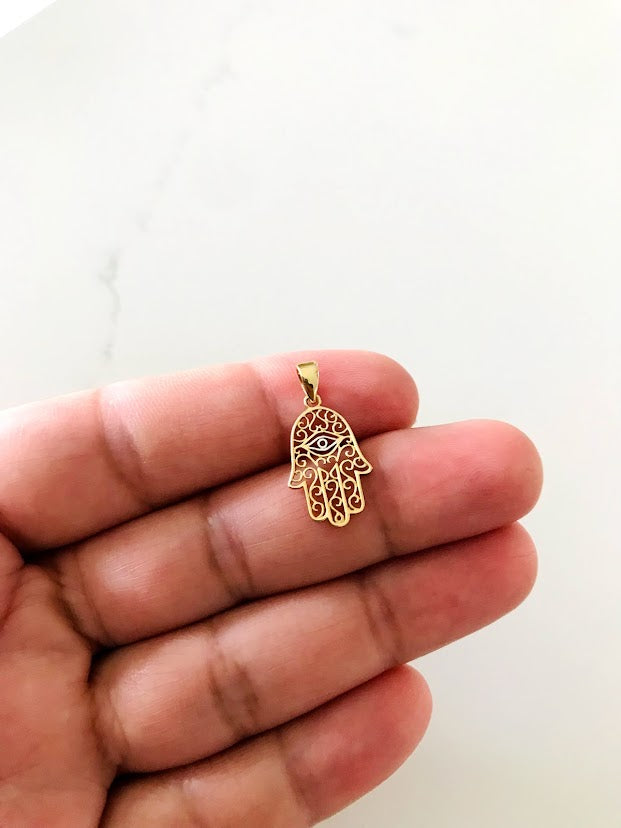 14K Solid Gold Hamsa with Evil Eye | 16MM x 11MM Two Tone Hamsa | Evil Eye Hamsa | Two TONE 14K Solid Gold Pendant